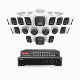 H800 - 4K 32 Kanal PoE Überwachungskamera-Set mit 16 Bullet Kameras & 4 Turm Kameras, Farbe & IR Nachtsicht, Personen- und Fahrzeugerkennung, Eingebautes Mikrofon, 96° Sichtfeld, Unterstützt RTSP, Inklusive 16-Port-PoE-Switch